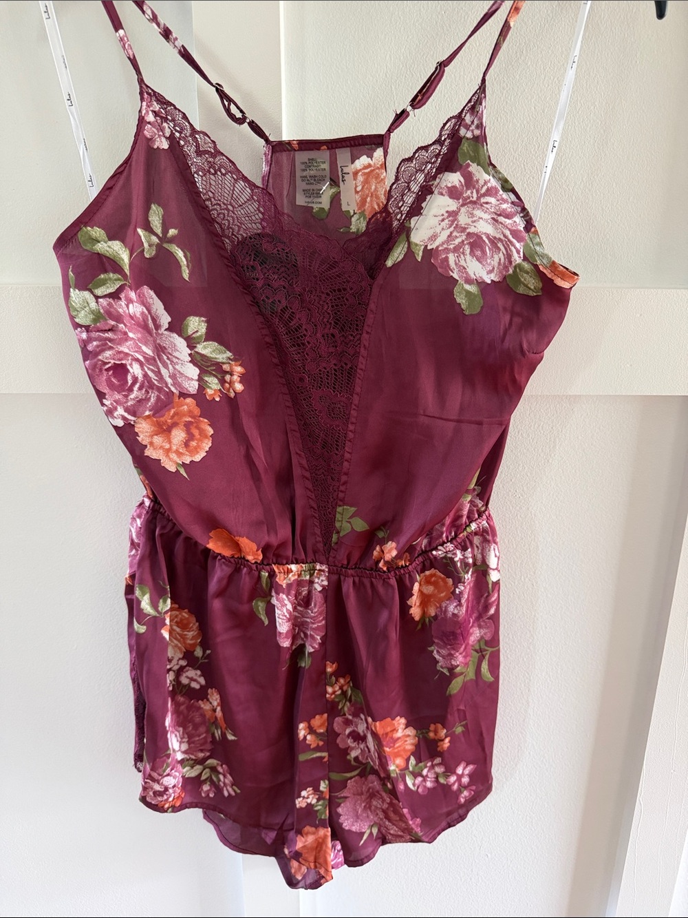 Lulu's Plum Floral Lace-Trim Satin Romper